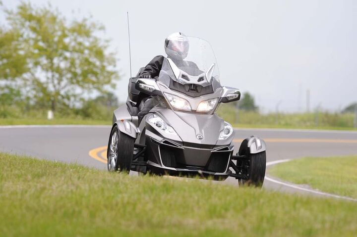 Spyders can be ridden in a spirited fashion, but push the envelope too far and Can-Am’s Vehicle Stabilization System activates, cutting power to help keep all three wheels firmly planted on the road.