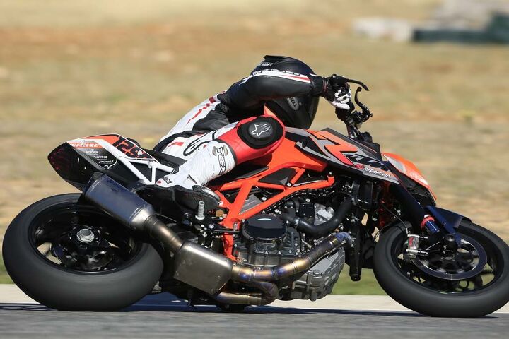 WP racing suspension and adjustable footpegs greatly increase cornering clearance. The race-prepped Super Duke R boomed with a full Akrapovic system that claims a 12 hp increase over the stock exhaust. These and many more go-fast additions are available via KTM’s Equipment catalog.