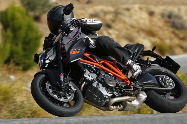 Oh the places you’ll go! Accessorized with some soft luggage from KTM’s Powerparts selection and the Super Duke R morphs into high-performance mileage-gobbler. Yeah, it’s seriously that comfortable.