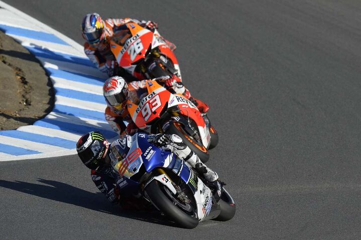 As he has most of the season, Jorge Lorenzo once again found himself besieged by the two Repsol Honda pilots Marc Marquez and Dani Pedrosa.
