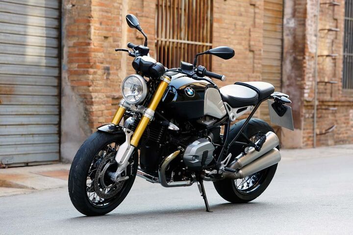 The stacked dual mufflers on the left side of the nineT can be easily removed to facilitate removal of the rear wheel.
