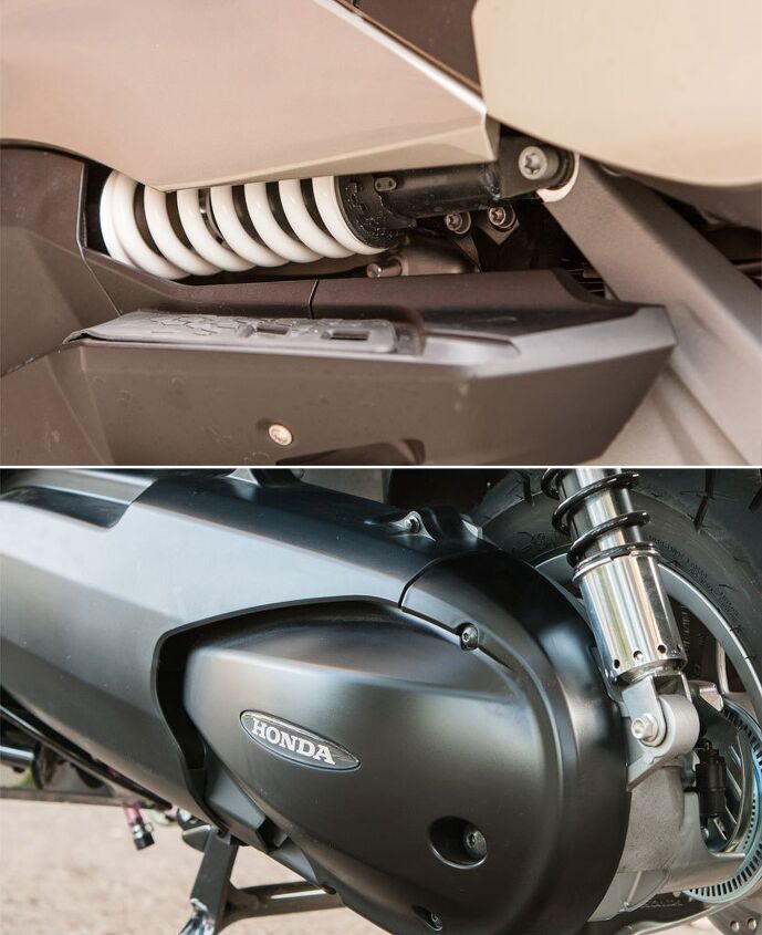 All of the shocks offered ramped preload adjustment – be they visible as on the BMW (left) or under a pretty chrome cover as on the Honda (right).