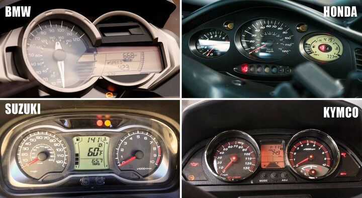 All four instrument clusters feature tachometers (a small LCD bar graph on the BMW), though it only really matters on the Burgman.