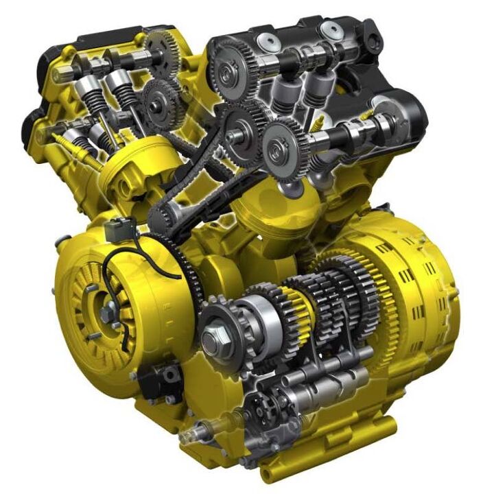 Highlighted areas represent revised engine components. Suzuki says the new, larger pistons weigh the same as previous ones. Each cylinder boasts two iridium spark plugs compared to a single conventional spark plug in the old model. The two plugs are controlled independently by their own ignition coils.