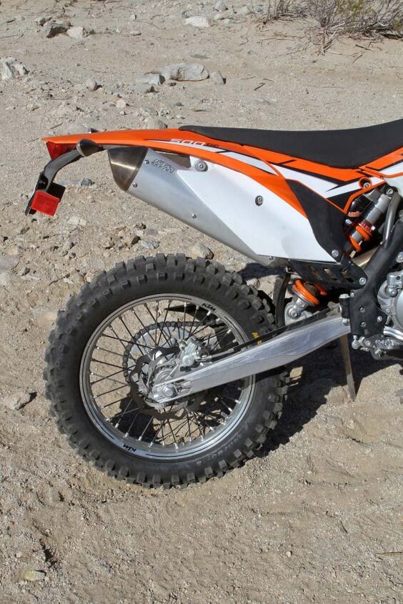 KTM practically rewrote the book on off-road rear suspension with its Progressive Damping System (PDS), and the 500 EXC uses the linkage-less system to mount its fully adjustable WP shock. The KTM’s performance is nothing short of excellent, with 13.2 inches of travel, a plush feel and superior control in fast and/or rough terrain.