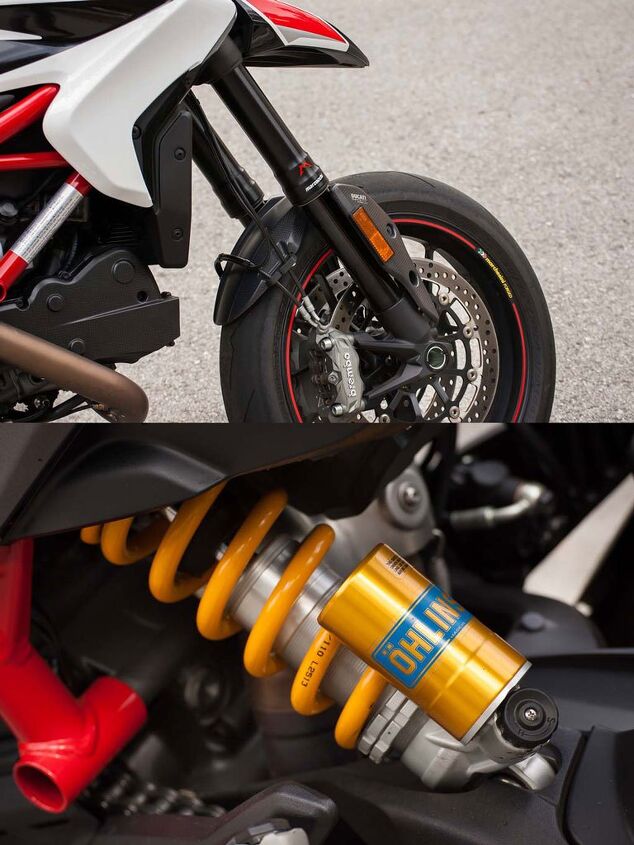 Credit the Marzocchi fork and Ohlins shock for the tall seat height. Also credit them for providing excellent road-holding abilities.