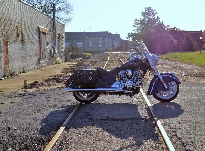 Here’s my borrowed Indian Chief Classic on its way to the wrong side of the tracks in Brenham, which is every bit the quaint Texas town you’d expect. A nice place to visit.