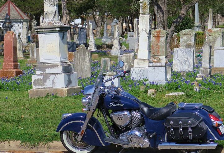 #1 Best Thing to do in Texas: Get plenty of sleep. But seriously, the theme for this trip to Texas (besides riding around on an Indian Chief Classic) was to take in the Texas Bluebonnet foliage outbreak. We were a little early; the only Bluebonnets I found were in this cemetery in LaGrange. 