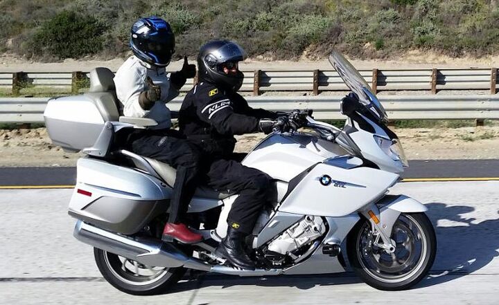 The K1600 GTL Exclusive’s passenger accommodations gets two thumbs up from Duke’s wife, Carolyn. “It’s a luxurious motorcycle ride,” she says. “And the heated seats; total bonus!” With the windshield in its uppermost position as seen here, airflow over both rider and passenger is smooth, with no annoying backpressure.
