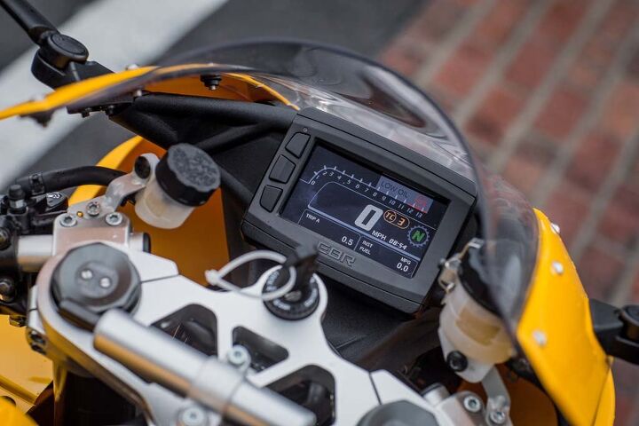 The full-color TFT digital display is a nice touch for the premium-priced 1190RX. Gauges include the obvious, like speedo and bar graph tach, but also incorporates a gear-position indicator, TC-level indicator, dual tripmeters, MPG calculator, and much more. The three buttons on the side are needed to manipulate different functions within the menu screen, including TC.
