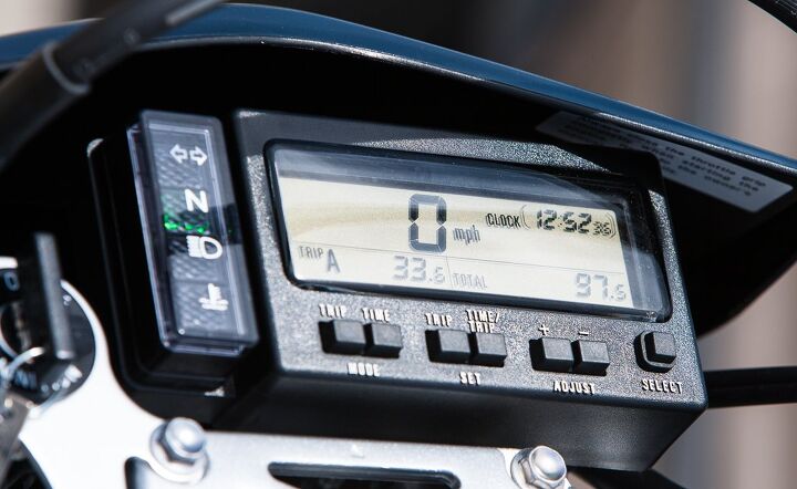 The DR-Z has a digital instrument cluster with twin tripmeters, a clock, timer and stopwatch functions. The Zero’s curb weight is 41 pounds lighter than the DR-Z, but the Suzuki’s CoG is lower in the chassis. Ask your grandpa to tell ya about carburetors.