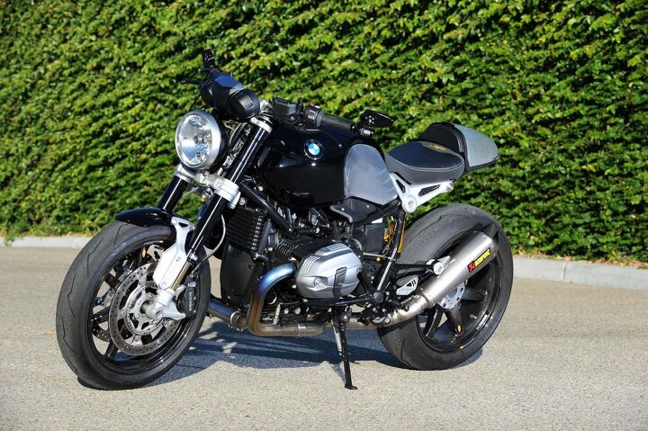 This is racer Nate Kearn’s vision of nineT customization, with BST carbon-fiber wheels, Ohlins suspension and titanium Akropovic exhaust. Also note the absence of pillion accommodations and BMW’s aluminum-skinned accessory seat hump.