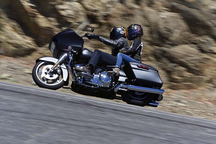 The Road Glide is comfortable two-up for short periods. As is, the passenger seat, which, while well-padded, is narrow and has downward slope. My co-tester-by-marriage, Maria, kept having to riggle forward lest she be sliding down the rear fender.