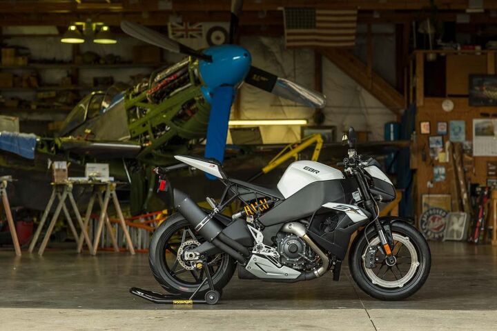 Unlike the P-51 Mustang in the background, the EBR 1190SX is a fighter of a different kind. 