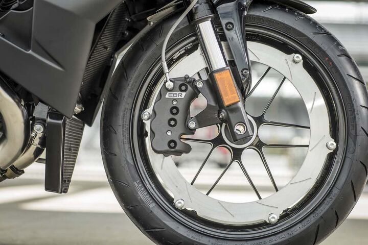 It wouldn’t be an EBR without a massive perimeter rotor. While it no-doubt looks cool and performs well, they aren’t quite at the level of a high-end Brembo setup.