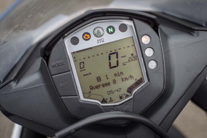 Kudos to KTM for a lot of info in its digital gauges, but the tach (at the top) is too small to be useful.