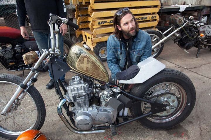 Duff Ryan, who lives a few blocks away, participated in the Challenge for the first time. A '78 KZ400 he bought for $200 some years ago, a Sportster tank and Mercedes taillight make his bike “a little bit of everything.” Two awards will come his way: Prettiest and Coolest.