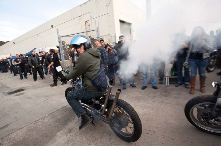 Jason Lisica smokes the crowd at will with baby-oil-injected into the carbs of his '75 CB360.