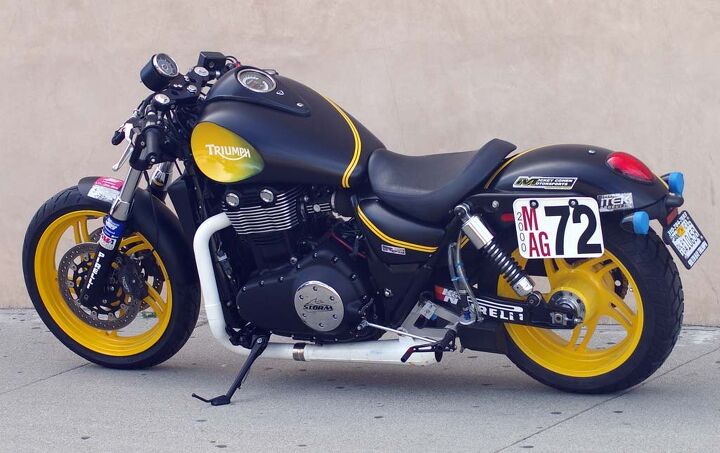 Looking like solid muscle, SBT’s dramatically painted 1700cc Triumph Thunderbird-based Bonneville Salt Flats record challenger produces 130 hp. At its last run, it was just 4 mph shy of the world record and preparing to go for it again.
