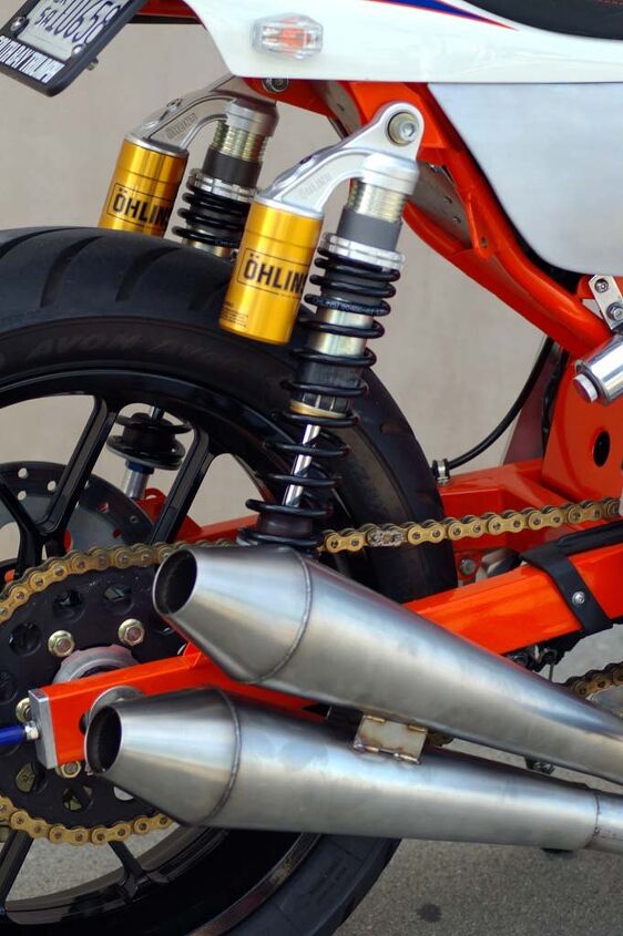 A pair of Ohlins shocks are worth their weight in golden handling. Custom megaphones are perfect “trumpets” for the SBT Tracker.