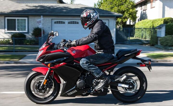 Meanwhile, the FZ6R strikes a nice balance between the Kawasaki and the Honda, its rider only leaning slightly forward, knees not quite as bent as on the Ninja.