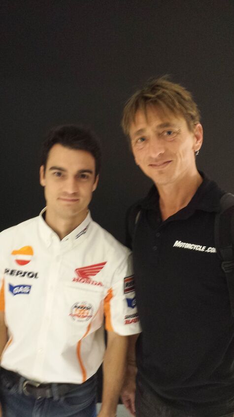 You never know who you might run into at EICMA. MotoGP pilot Dani Pedrosa poses with 5-foot-8 Duke, revealing his jockey size. “Pedrobot” haters should know than Dani was actually quite congenial during my brief time talking with him.