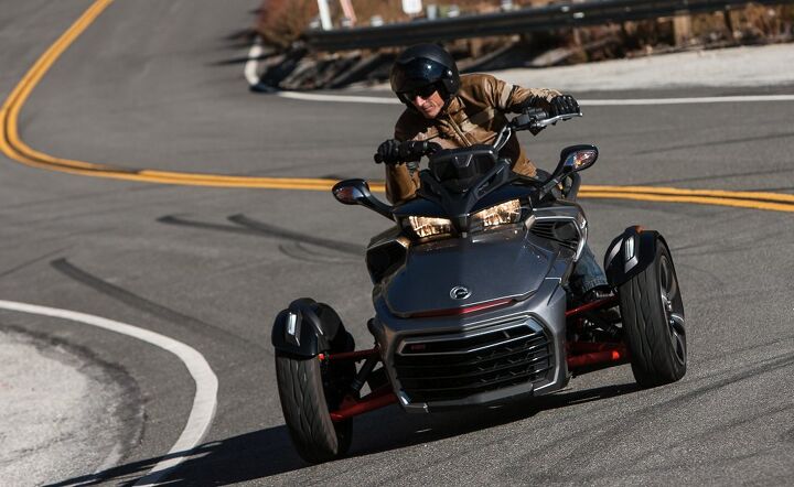 With a saddle, handlebars, twistgrip throttle, foot shifter, and hand-operated clutch lever, look no further than Can-Am’s Spyder F3 as the vehicle here most-closely affiliated to true motorcycle operation.