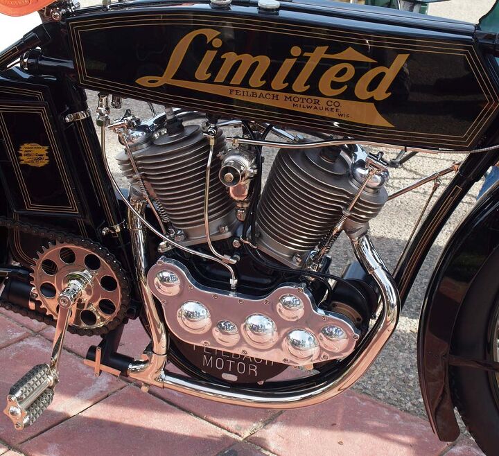 Best Rarest-Awesomest Mostly Unknown Vintage Bike goes to Don Whalen’s 1914 Feilbach “Limited” 69 cu. in. V-Twin. The bike was originally made in Milwaukee circa 1904-14 by Arthur Otto Feilbach and brother William. One of five known to exist, it was recently restored by master of the art, Steve Huntzinger. For a time, the Feilbach was of such high quality and dependability that it threatened Harley-Davidson.