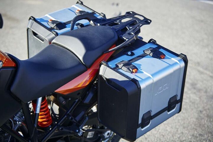 The KTM’s saddlebags look the part, but we preferred the top-loading cases and secure fastening of BMW’s bags. KTM’s integrated mounting system received praise for not looking like a children’s playground jungle gym when the bags are removed. If you’re not riding the KTM off-road, its bags more than suffice.
