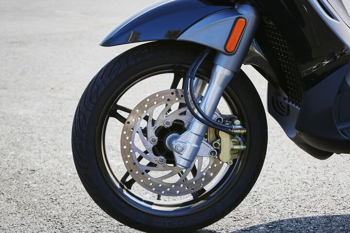 A single 300mm disc and two-piston caliper takes care of stopping duties in the front. Braking power feels strong enough, and combined with the 240mm rear disc, brings the BV to a stop quickly.