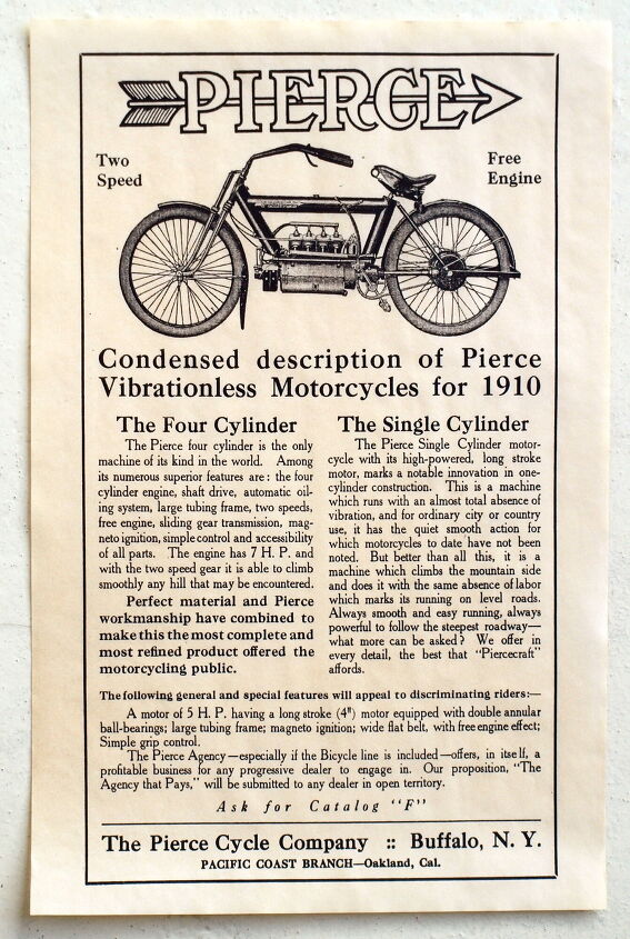 A 1910 ad for both Pierce single- and four-cylinder machines.