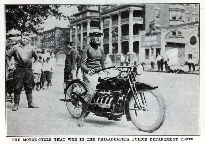 A photo appearing in a November, 1922 trade publication accompanied the report on the recent time trials held in Philadelphia. Flying along a one-mile stretch of reportedly “rough, wavy pavement,” an Ace motorcycle won the two speed tests conducted by the city’s police department while shopping for their next police bikes. The Ace completed the half-mile course in 4 minutes 11 4/5th seconds, taking top honors that day.