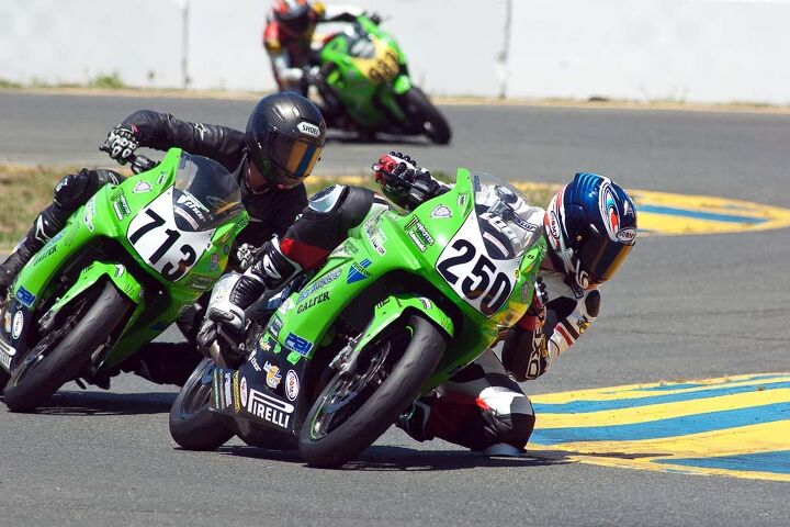 Todd Grice (250) and Bobbie Wetterau showing expert form as they battle for 7th place, Sonoma Raceway, 2011. Wetterau's best lap time was just 0.6 second ahead of Grice's. Photo by Gary Rather.