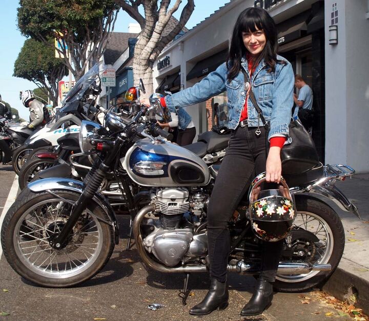 Jen McClain is seen in the dirt track segment in the flick. She rode in on her Kawi W650 and works at The Mighty Motor, an L.A. motorcycle-related collective that designs bikes, makes films, brands bike product, you name it.