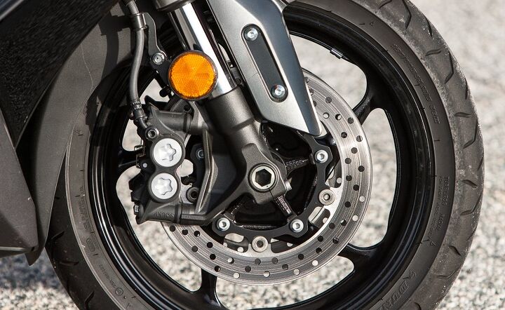 The only way to improve the TMAX’s brakes would be to add ABS.