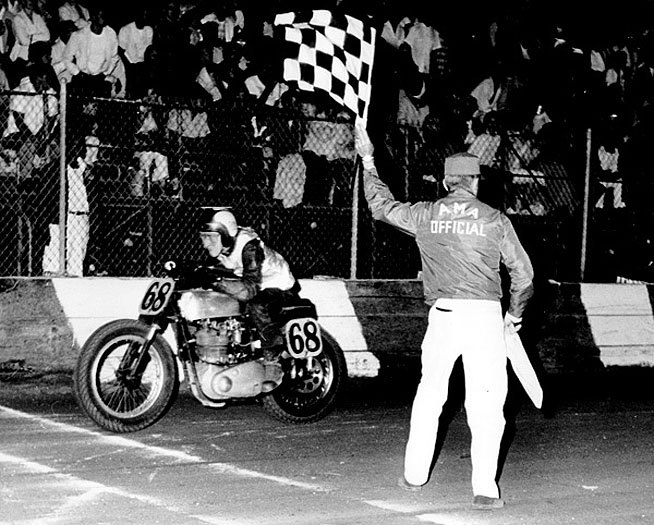 Preston Petty crosses the finish line on his BSA Gold Star at Southern California’s Ascot Park in 1961. Petty led all Novices in 1960 and might have won the track championship if he hadn’t elected to go on a long vacation in Europe with his father. Photo by Dan Mahony