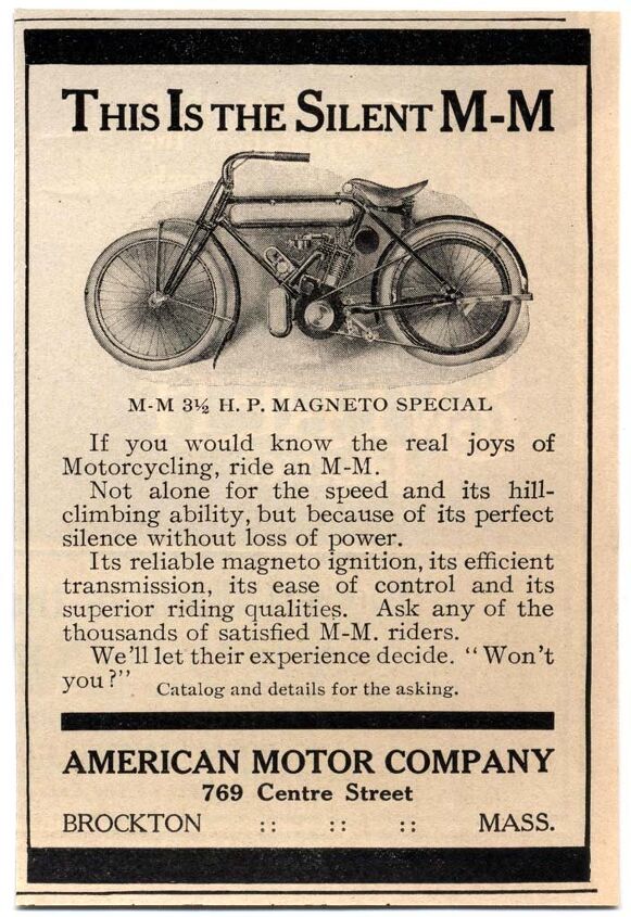 When the Marsh Motorcycles merged with the Metz Company to form the American Motor Company, the collaboration formed Marsh-Metz abridged as M-M or M.M.