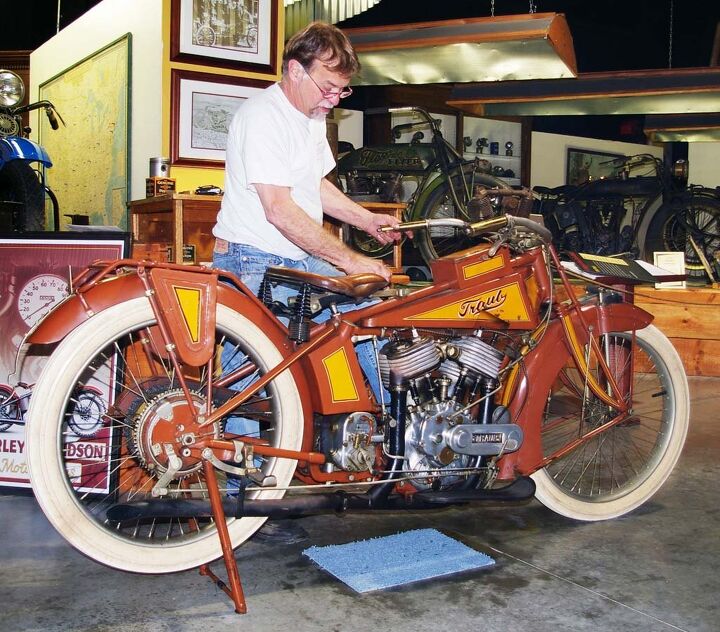 Dale Walksler tidies his pride and joy, the Traub a stand-out amongst his incredible collection of American motorcycles at his Wheels Through Time Museum in Maggie Valley, CA.