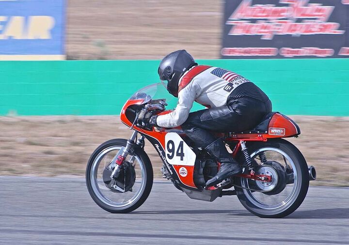 Rusty Lowry displays both color-matched leathers and two suspension sponsors on his Harley Sprint.