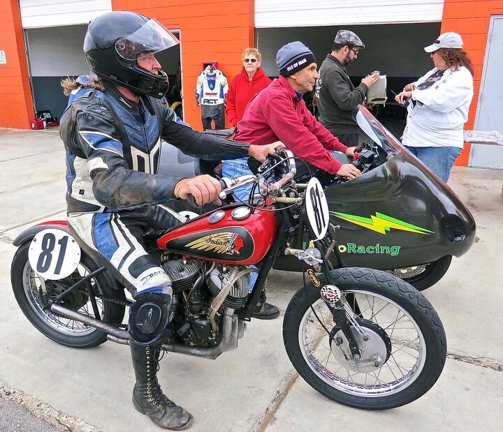 AHRMA tech inspection, where past, present and future come together. Ralph Wessell of Florida on his Indian had the only entry in the Class C Handshift class.