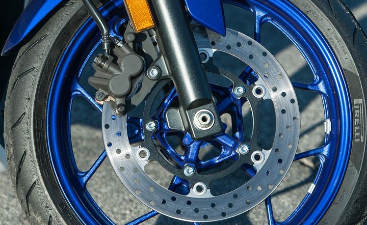 The Yamaha’s stopping power is decent, though feel could be a little better. The R3 stands out in this grouping because it’s the only one not offered with ABS, even as an option.