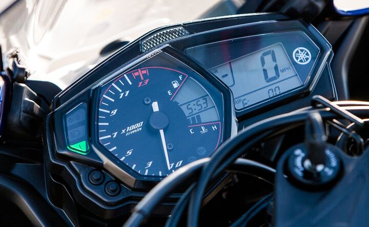An analog tachometer dominates the view from the R3’s gauge cluster, its needle easy to read even in glaring sunlight. We liked that Yamaha also included a gear position indicator on its entry-level sportbike; the costlier KTM was the only bike also equipped. 