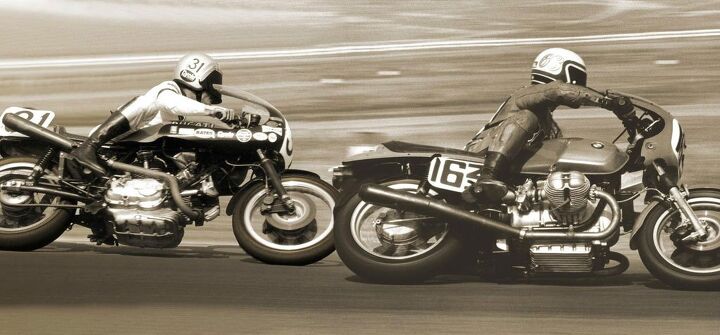The Ducati-mounted Cook Neilson chases Reg Pridmore’s BMW at Riverside Raceway in 1976.