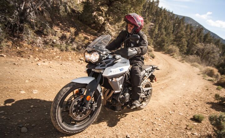 Triumph XRs are the streetier versions of the 800, but the bike’s 19-inch front wheel, bash plate and high pipe all help make it a much better off-roader than the FJ-09.