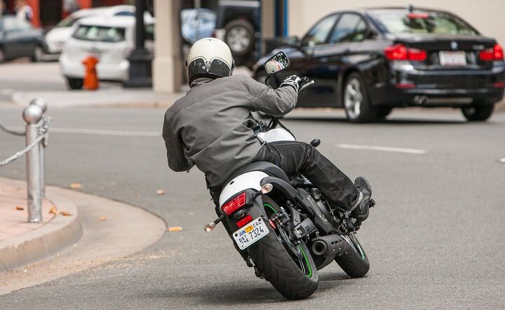 With the longest wheelbase, lowest seat and fattish tires, the Vulcan S makes a tough-guy statement it reinforces by kicking your butt with the worst rear suspension. It’s great on smooth pavement like this.