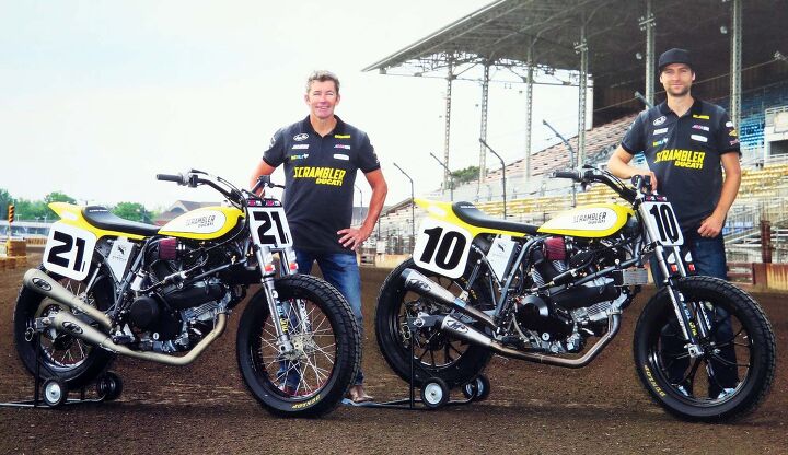 TB and Johnny Lewis with their his-and-his matching Lloyd Brothers Ducati “Scramblers”.