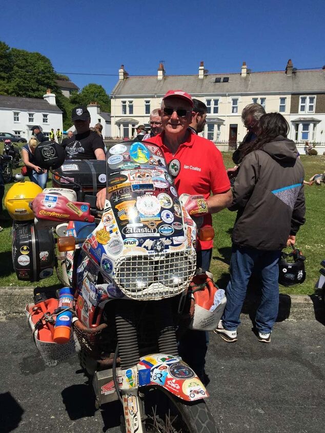 Fourteen years after telling his wife that he was going on a four-month trip, Ian Coates returned from visiting almost every country on earth. Here he poses at the Laxey Bike Show with his 300,000 mile Honda Africa Twin. Attention, Honda Marketing Department.