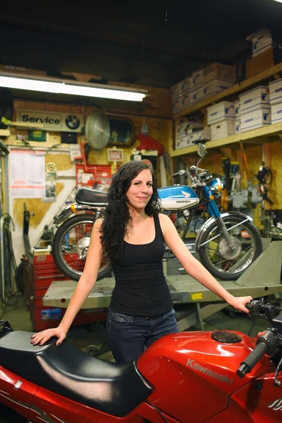 Jen Hill and two-thirds of her collection. Apparently it is ok to ride a small bike. Photo by Juan Hernandez.