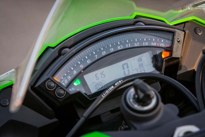 The ZX-10R’s bar-graph tach is colorful and easy to read, but the LCD info window is on the smallish side.