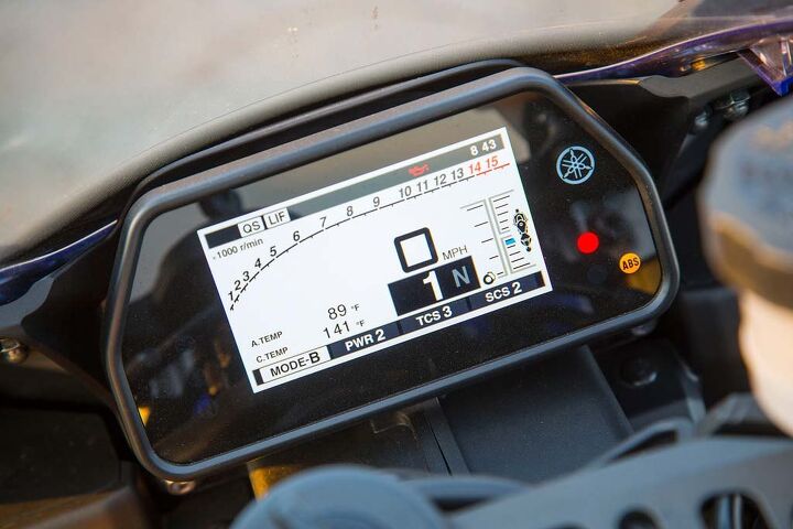 “The gauge cluster is bright, colorful and informative. I find that its menus and buttons are pretty easy to navigate, too, much more so than the Duc’s,” says Siahaan. With an average 29.7 mpg, the R1 recorded the worst fuel economy, even running out of fuel during our first group fuel stop. Yamaha claims a capacity of 4.5 gallons; ours was filled to the filler neck (on its sidestand) after 4.25 gallons.